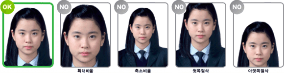 확대비율, 축소비율, 윗쪽절삭, 아랫쪽절삭 사진은 여권사진으로 부적합