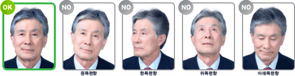 왼쪽편향, 한쪽편향, 위쪽편향, 아래쪽편향 사진은 여권사진으로 부적합